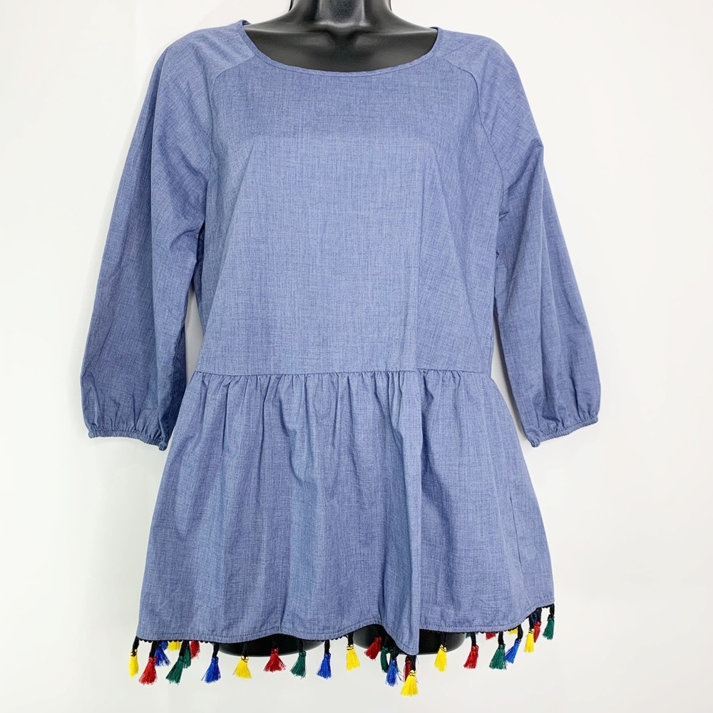 Pleione Blue ChambrayTassel Fringe Top Size XS NEW